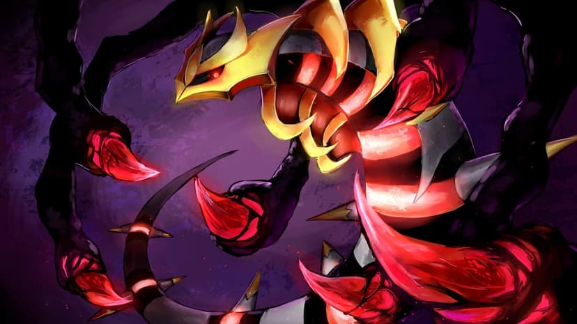 Giratina Origin Forme with glowing red spikes and golden armor against a dark purple misty background.