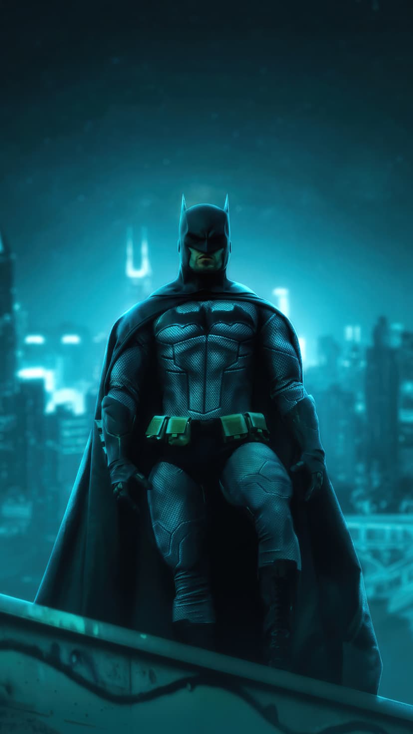 Batman perches on a stone gargoyle overlooking a neon blue Gotham City with a flowing cape and blurred cityscape.