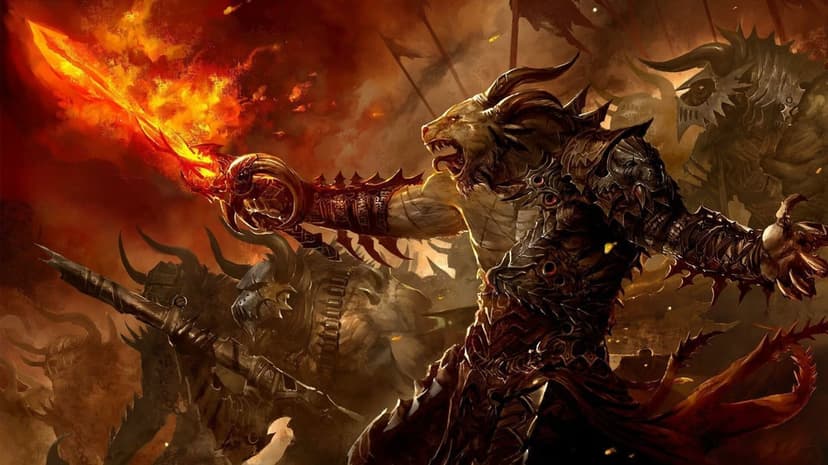 Horned beast warrior in spiked armor charging with a flaming sword through a smoky battlefield.
