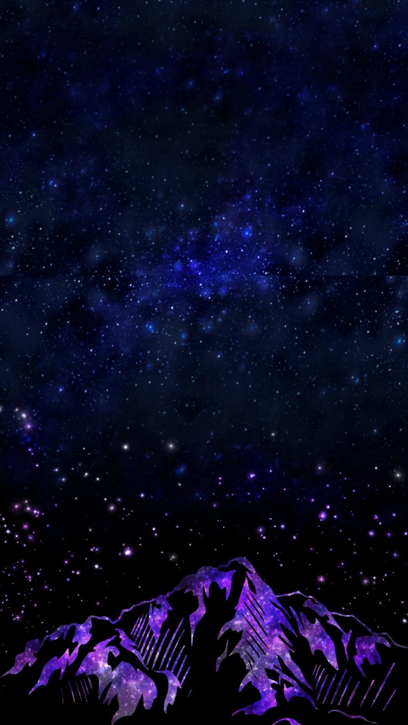 Jagged black mountain peaks rise beneath a swirling purple and blue nebula filled with tiny white stars.