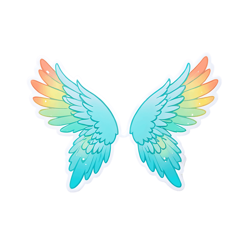 Symmetrical rainbow gradient angel wings with feathered textures and iridescent white outlines on a clear background.