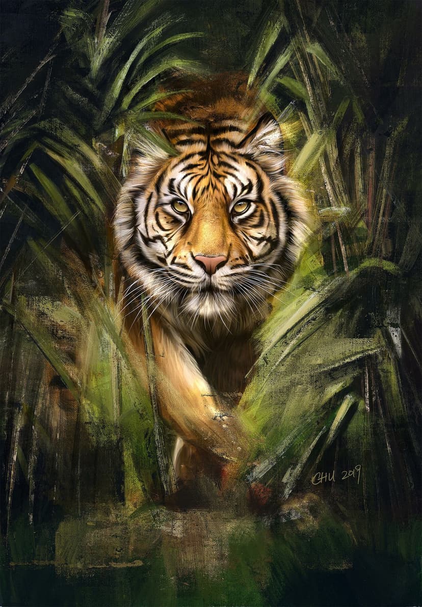 Tiger with orange stripes and yellow eyes peers through large green jungle leaves with a focused expression.