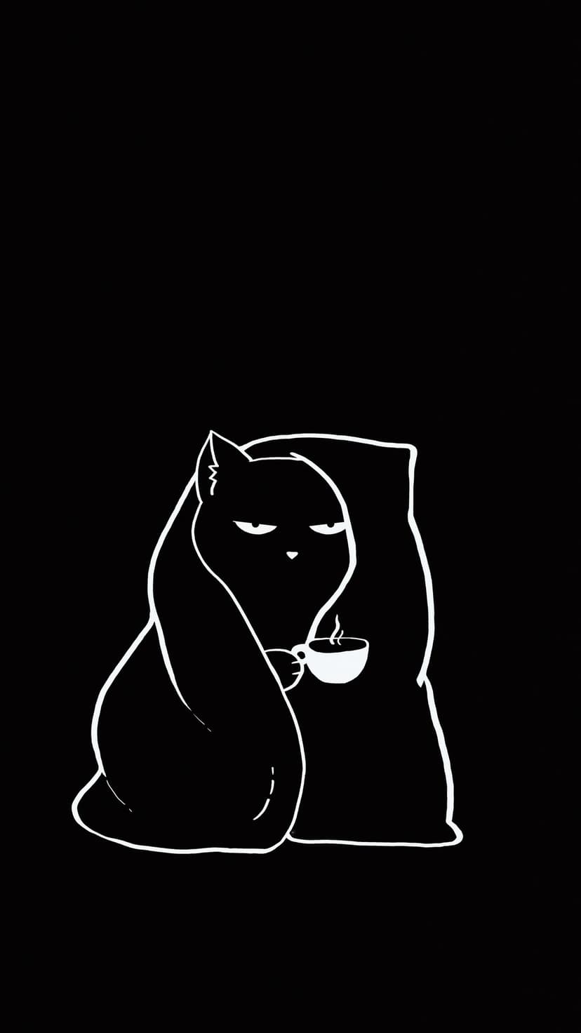 Grumpy cat with narrowed eyes wrapped in a cozy blanket holding a steaming coffee cup in minimalist line art.