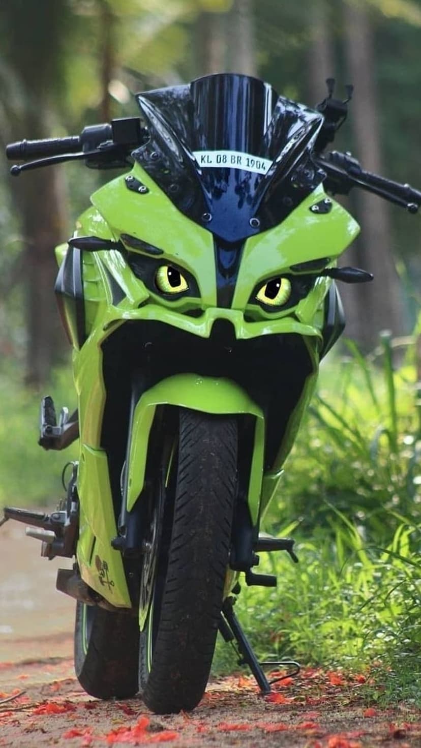 Lime green sport motorcycle with large yellow cartoon eyes parked on a dirt path covered in red flower petals.