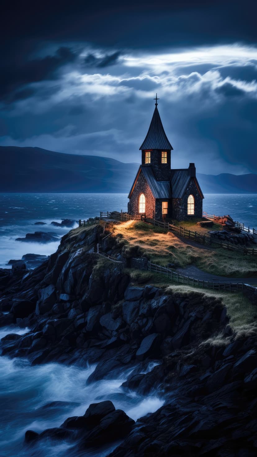 Stone church lighthouse perches on a jagged cliff overlooking dark crashing waves under a stormy twilight sky.