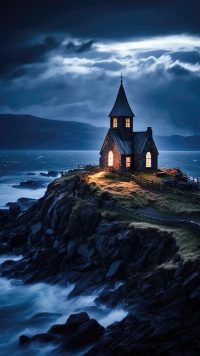 Stormy Coastal Church at Dusk Vertical Wallpaper
