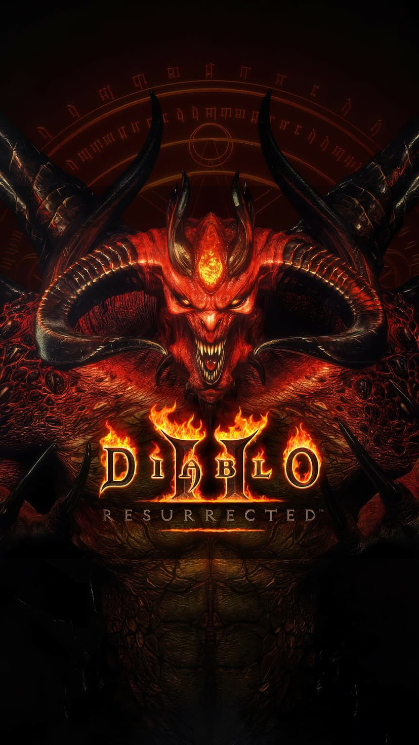 Red demon Diablo with curved horns and glowing eyes above a flaming Diablo II Resurrected logo on a dark background.