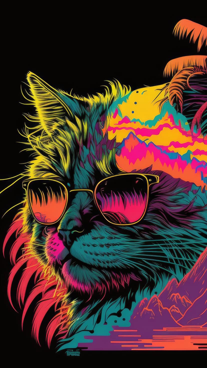 Cat wearing reflective sunglasses sits before neon pink palm trees and yellow mountains under a dark blue sky.