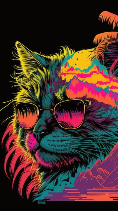 Retro Psychedelic Feline Tropical Landscape Tablet Background