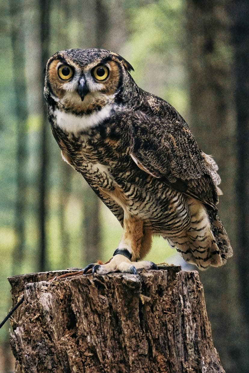Great Horned Owl with amber eyes perches on a wooden stump against a soft-focus green forest in this close-up.