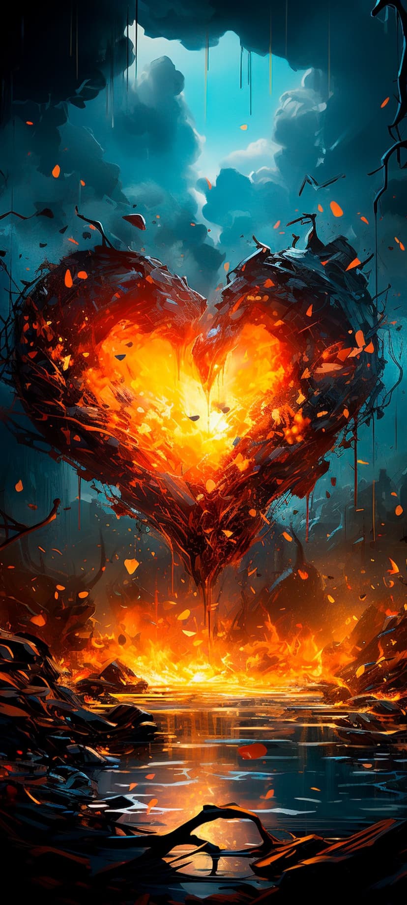 Glowing heart sculpture drips molten lava into dark water against a turbulent storm sky with blue lightning.