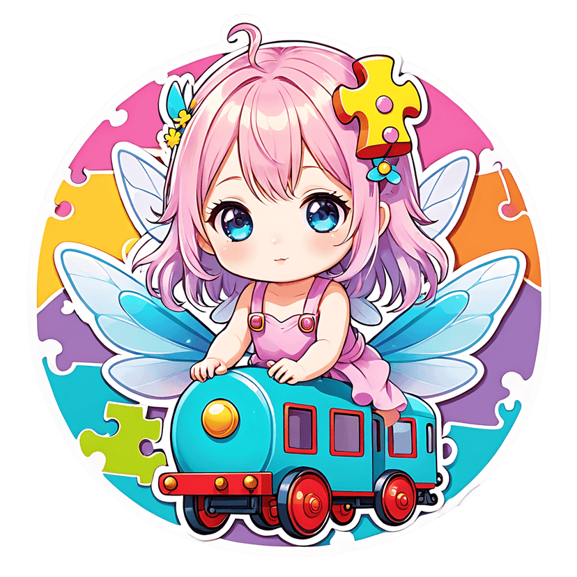 Chibi fairy sticker with pink hair rides a blue locomotive across a background of colorful puzzle pieces.