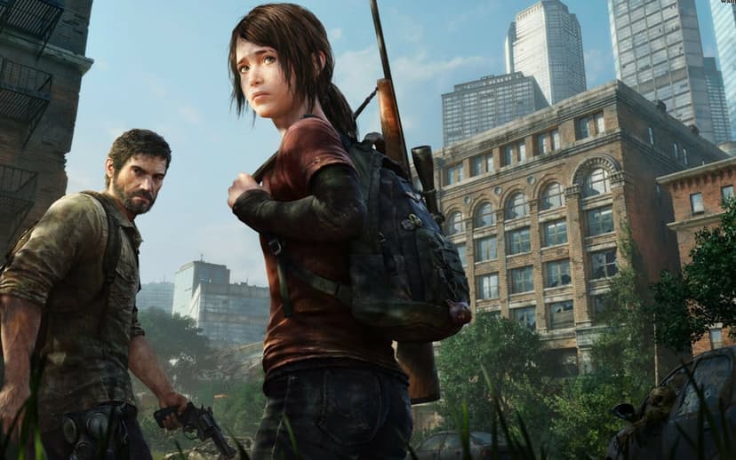 Ellie and Joel stand in a sunlit ruined city overgrown with greenery holding weapons in a survivalist pose.