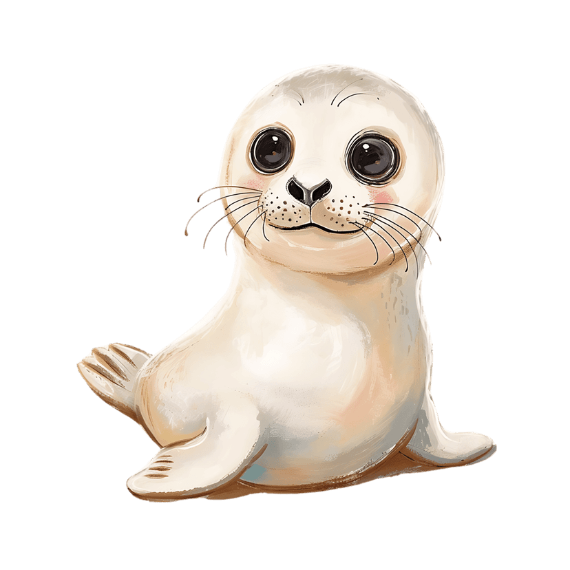 Harp seal pup watercolor illustration featuring fluffy white fur and dark eyes sitting in a front-facing pose.
