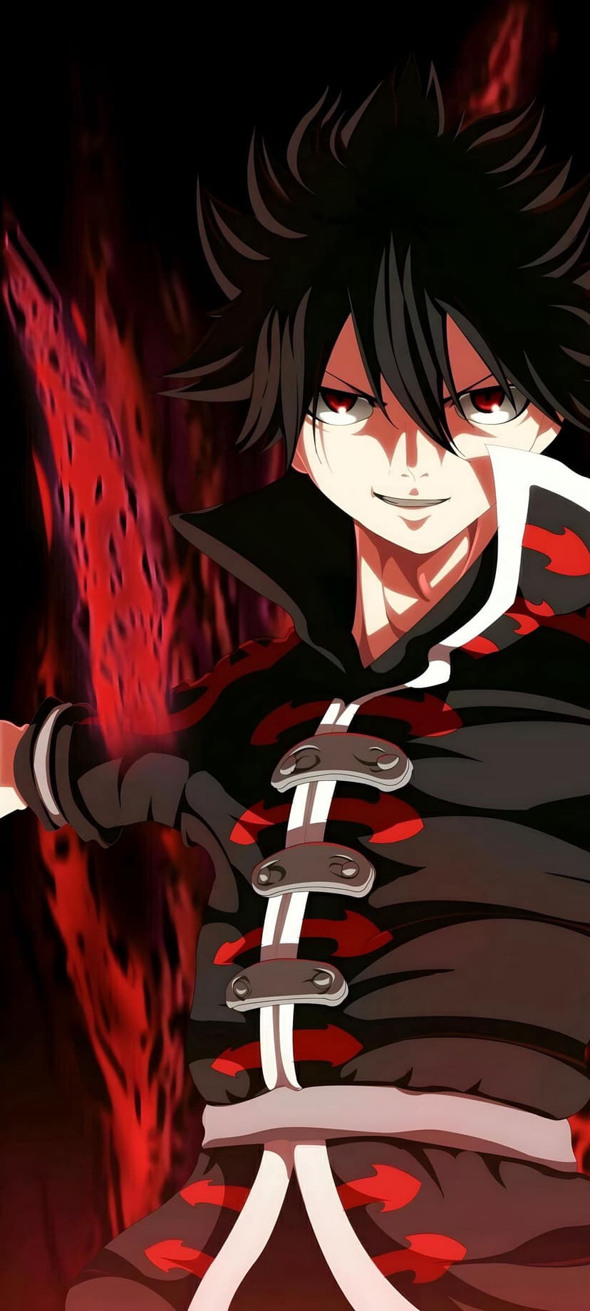 Sting Eucliffe with spiked hair and white vest stands before a backdrop of swirling crimson magical energy.