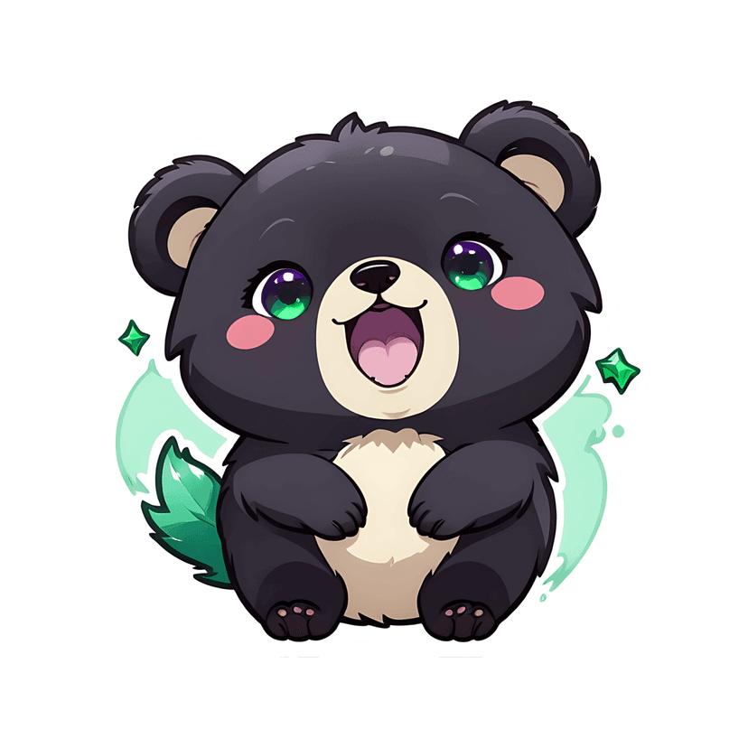 Midnight bear sticker illustration featuring dark gray fur, purple gradient eyes, and a thick white outline.