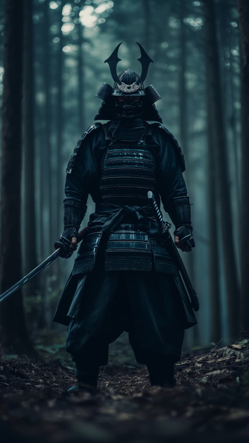 Samurai warrior in traditional black armor holding a katana while standing in a dark, foggy forest landscape.