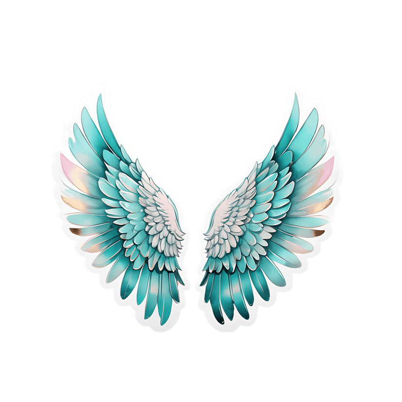 Symmetrical teal white angel wings sticker with iridescent gold highlights and glossy feathered textures on white.