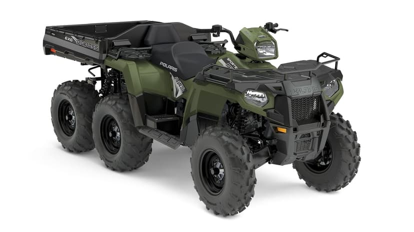 Sage green Polaris 6x6 Big Boss ATV with six knobby tires and a utility cargo bed on a white background.