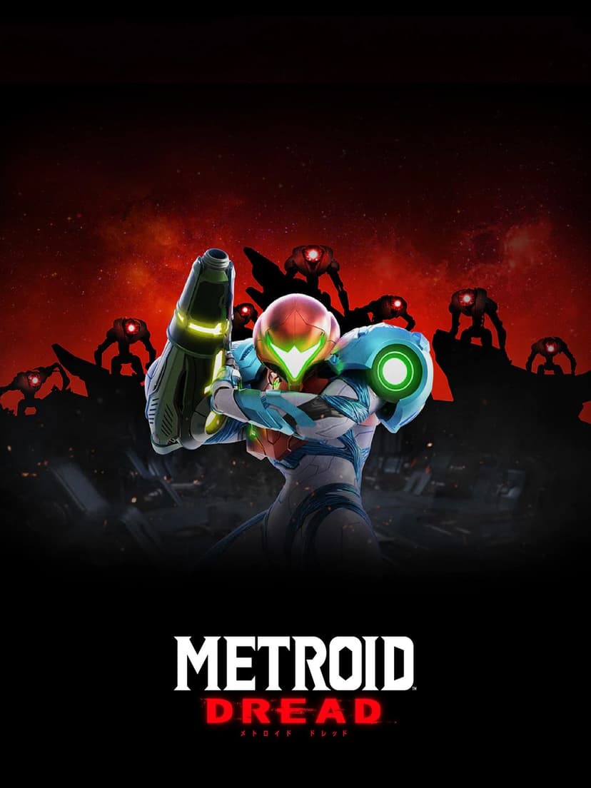 Samus Aran in a white and blue suit holds a glowing green arm cannon against a dark red silhouette background.