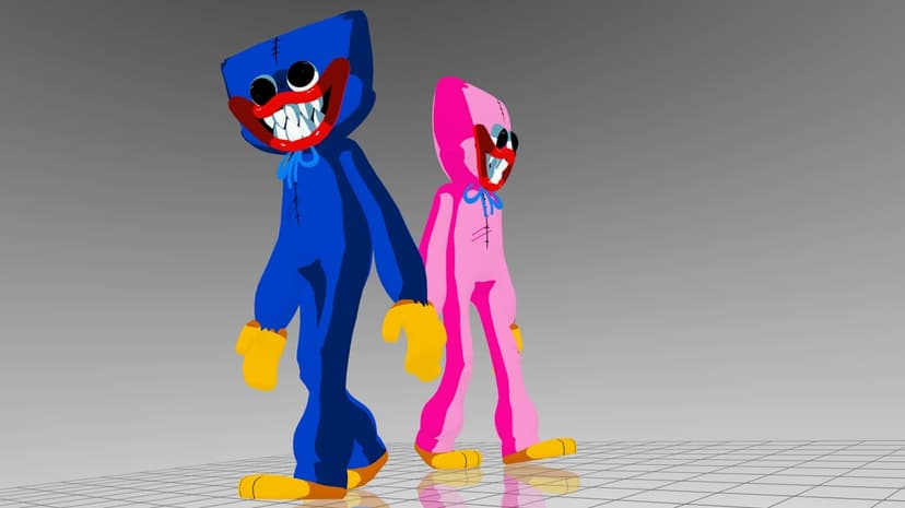 Huggy Wuggy and Kissy Missy walking on a white grid floor with wide toothy grins in a 3D gaming scene.