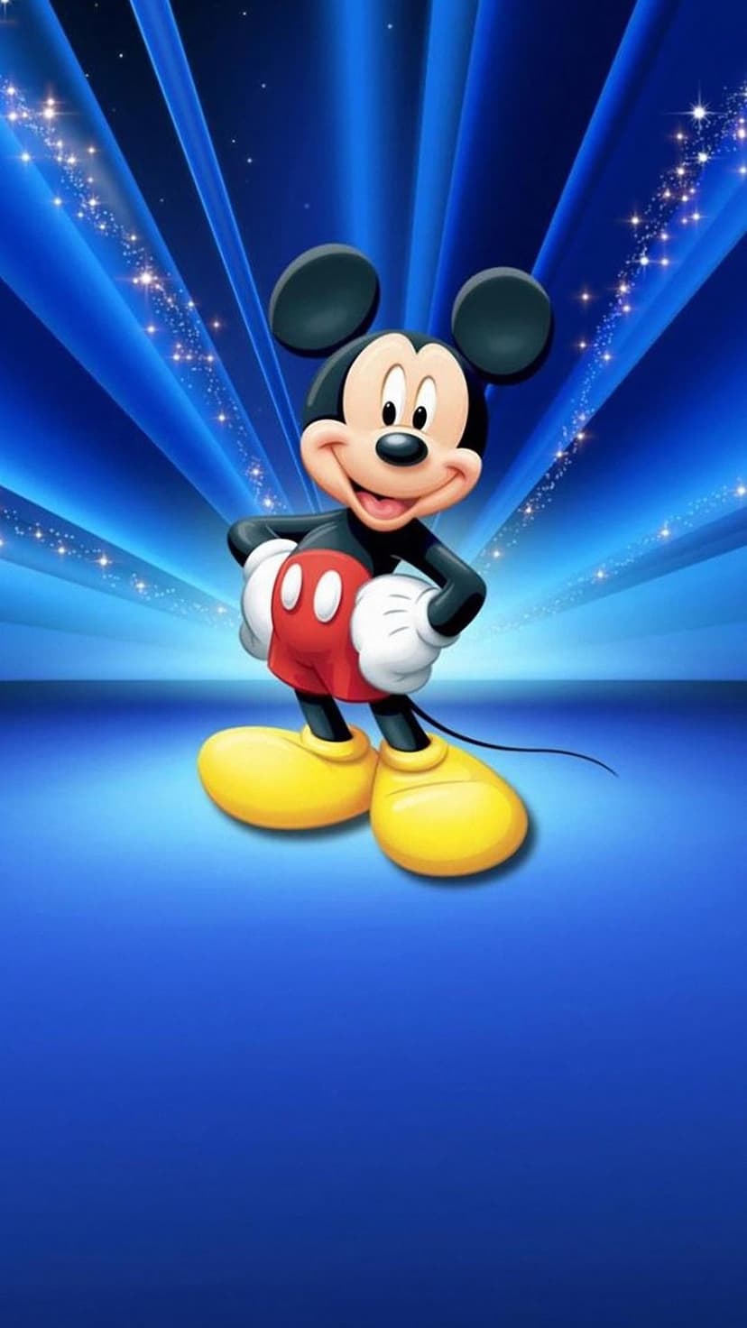 Mickey Mouse in red shorts and yellow shoes stands before a radiant blue backdrop with shimmering light beams.