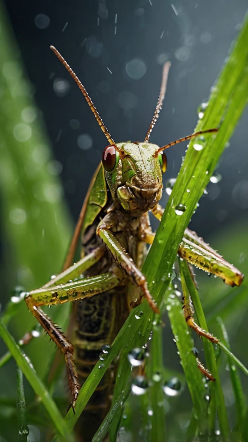 Green grasshopper on a wet blade of grass covered in tiny glistening raindrops with a soft green bokeh background.