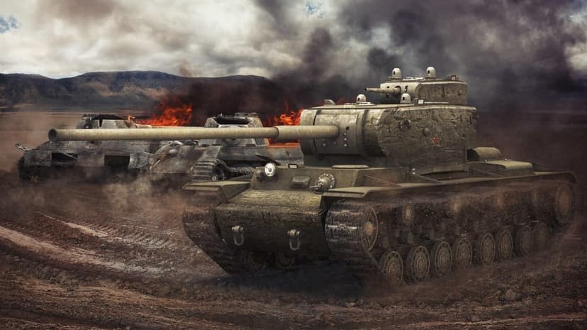 Soviet heavy tank moving through mud with burning tanks and dark smoke in the background on a battlefield.