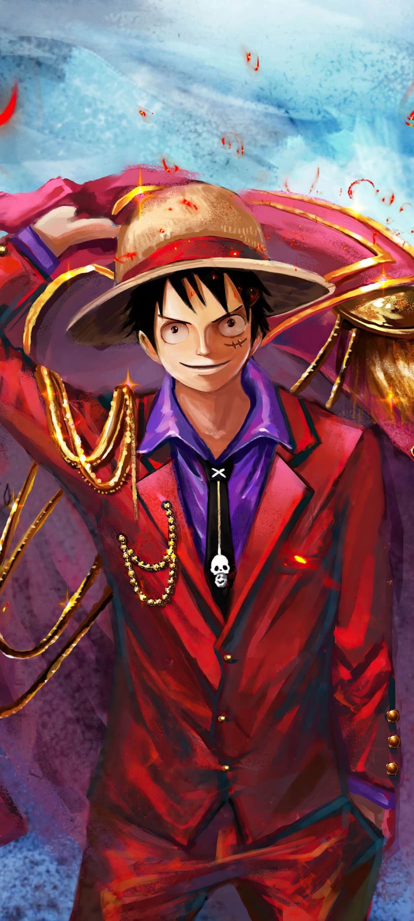 Monkey D. Luffy wears a tailored red suit, straw hat, and gold chains against a vibrant abstract backdrop.