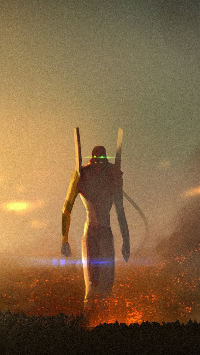 Evangelion Unit seen from behind standing in a smoky, orange wasteland with a bright lens flare in the sky.