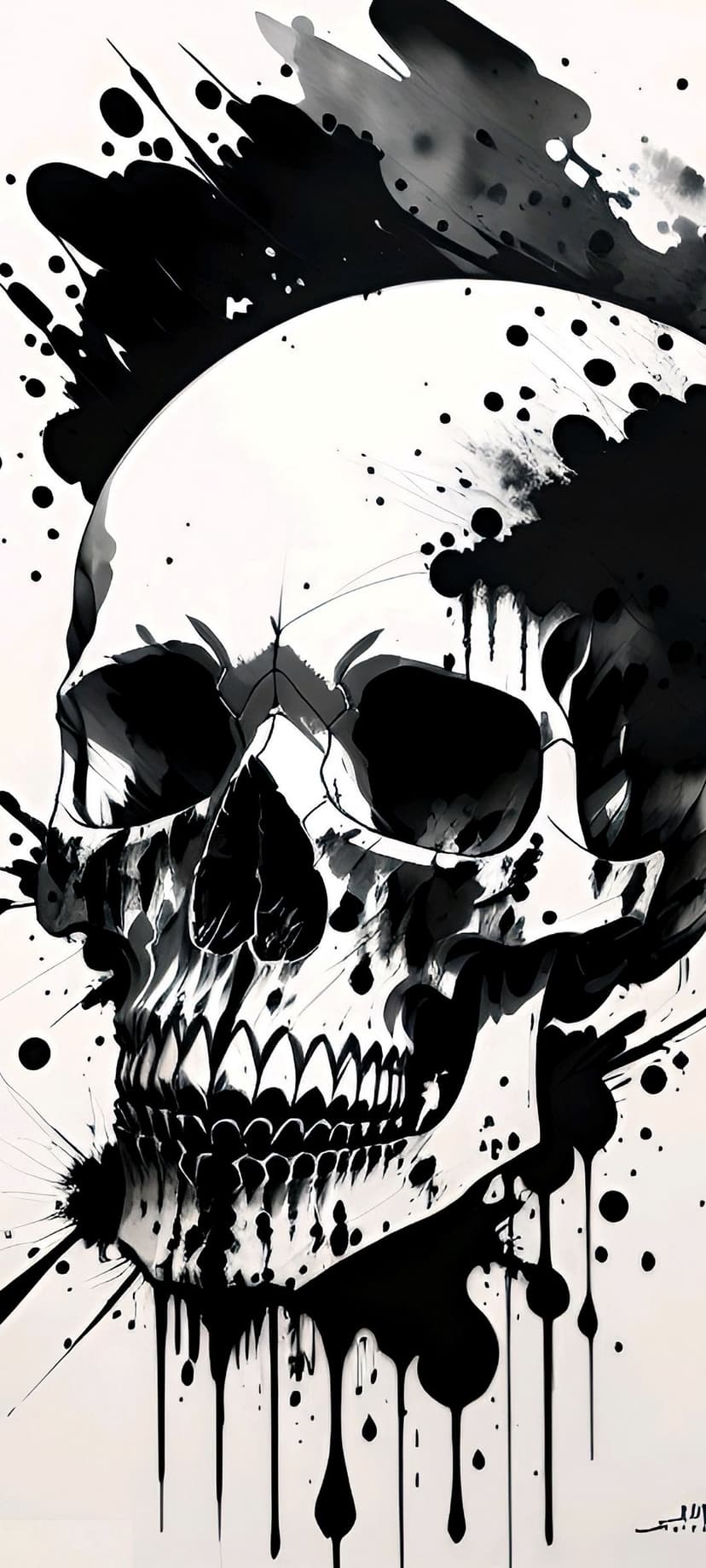 Human skull with black ink splatters and liquid drips forming a monochromatic, high-contrast vertical portrait.
