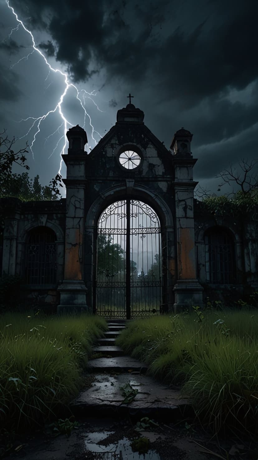 Wrought iron graveyard gates standing before a powerful lightning bolt during a dark midnight thunderstorm.