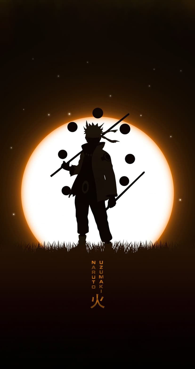 Naruto Uzumaki silhouette in Six Paths Sage Mode standing before a giant orange moon in a starry night sky.
