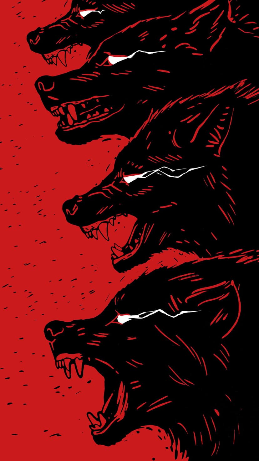 Four black wolves with glowing white eyes roar upwards against a textured red background with dark speckles.