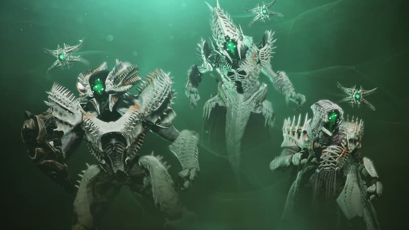 Three Hive Guardians in bone armor with glowing green eyes and floating ghosts in a misty green environment.