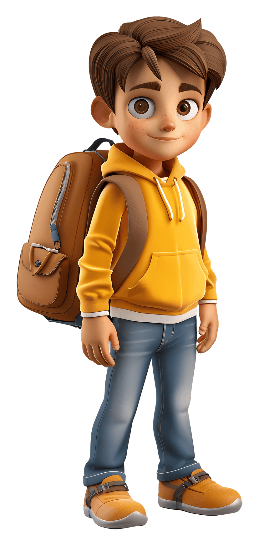 Student boy character wearing yellow hoodie and blue backpack stands against a transparent background.