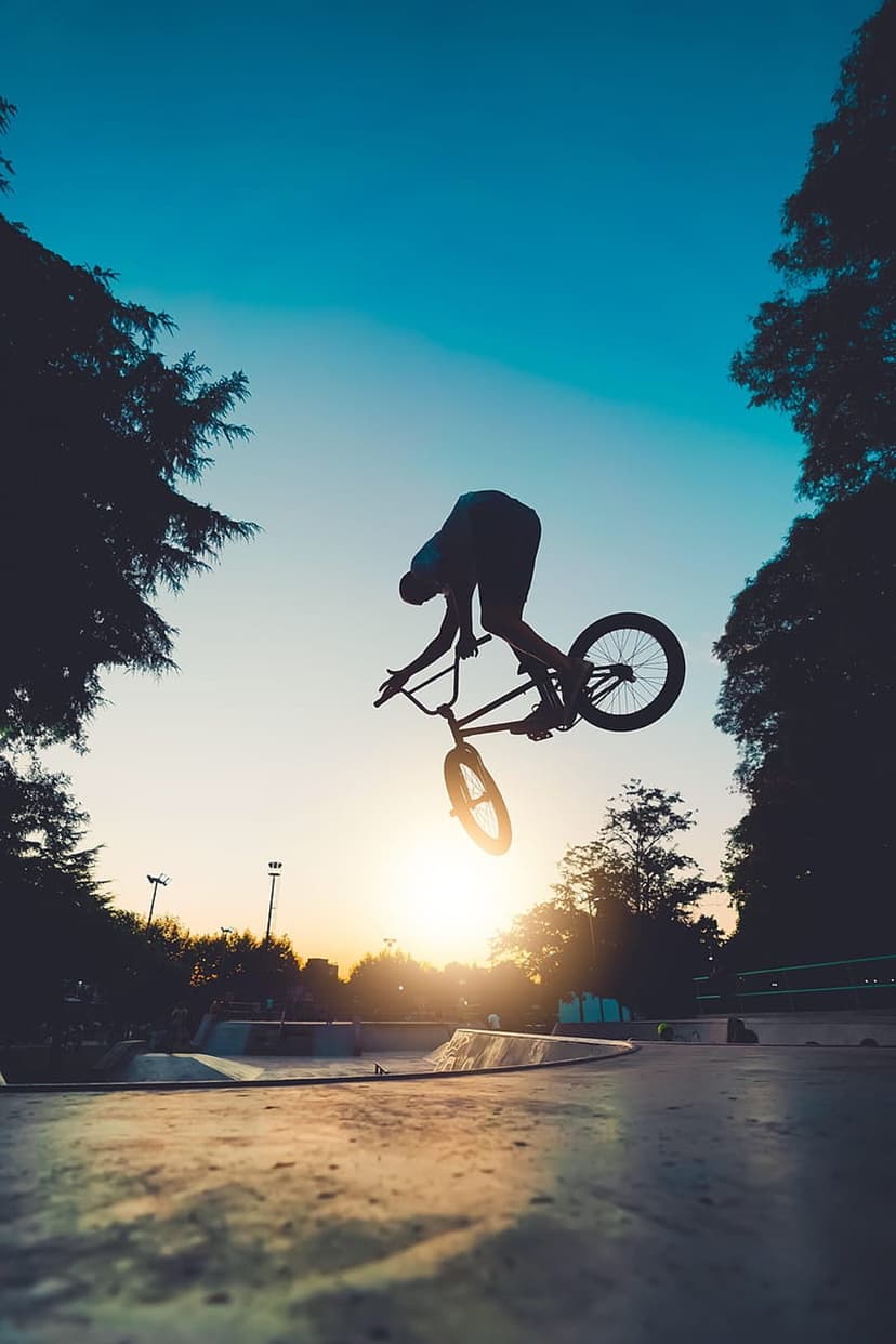 BMX rider in silhouette performs a mid-air jump against an orange and blue sunset sky framed by dark trees.