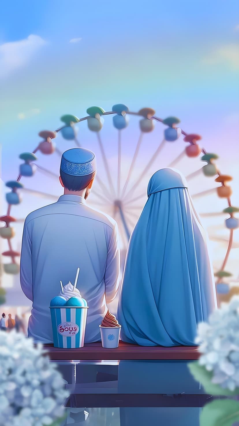 Muslim couple in hijab and kufi sits on a bench facing a Ferris wheel with ice cream sundaes.