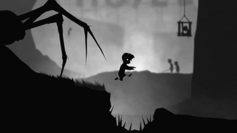 Silhouette of a boy jumping over a dark pit near a giant spider leg in a monochromatic minimalist game scene.