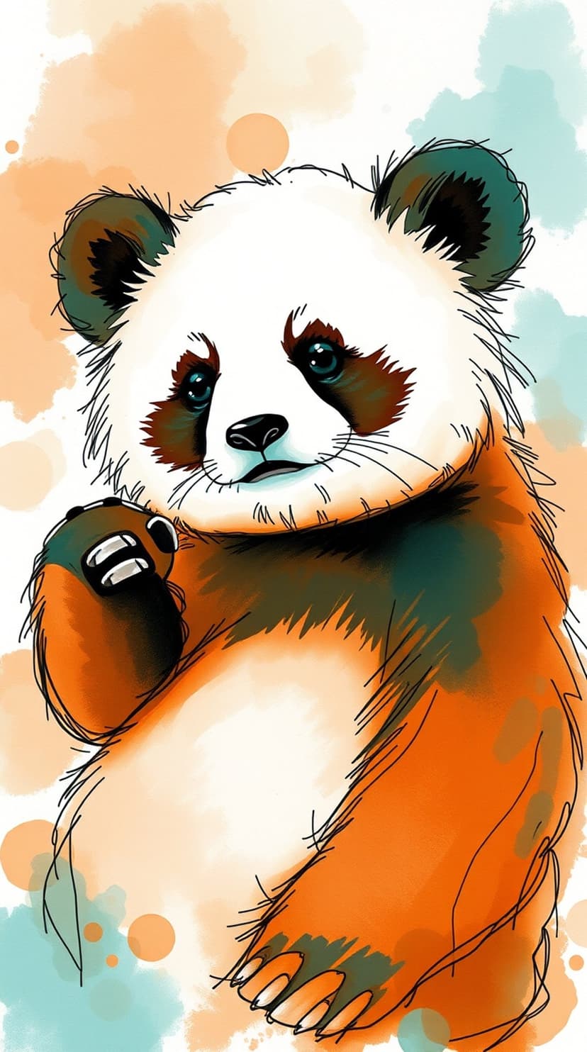Panda cub with bright blue eyes and orange and teal fur patches against a soft peach and blue wash background.