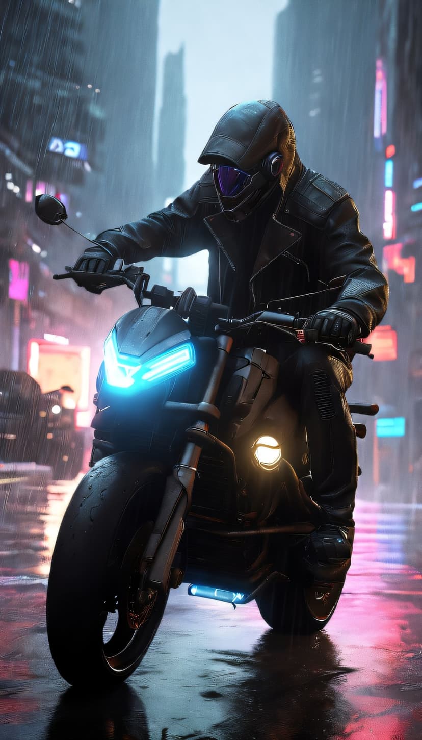 Cyberpunk motorcyclist with glowing goggles riding through a neon-lit city during a heavy rainstorm at night.