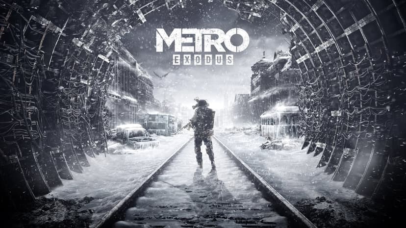 Lone survivor in a gas mask walks on snowy train tracks through a ruined frozen city within a dark metro tunnel.