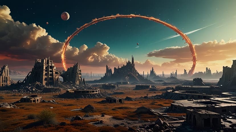 Giant flaming ring suspended in a sunset sky above the crumbling remains of a destroyed metropolitan cityscape.