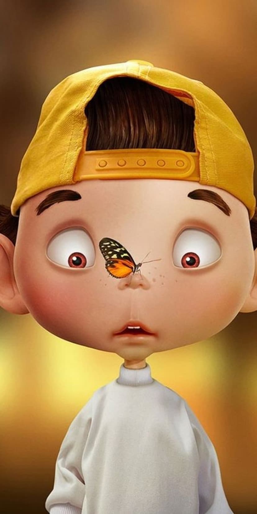 Wide-eyed child in a yellow cap looks at a colorful butterfly resting on their nose in a sunny outdoor setting.