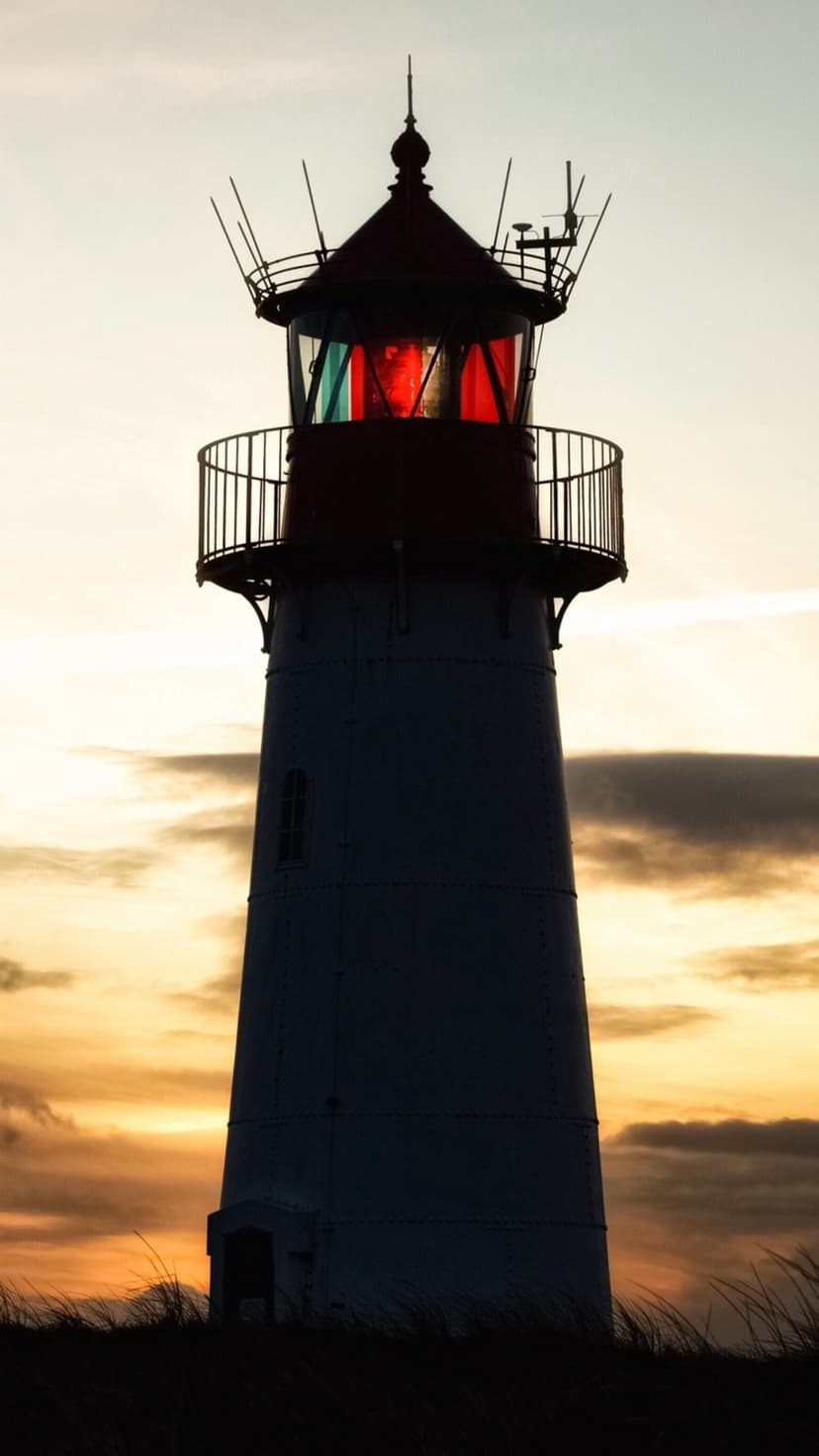 Towering lighthouse silhouette featuring red and green lanterns against a dramatic orange and gold sunset sky.