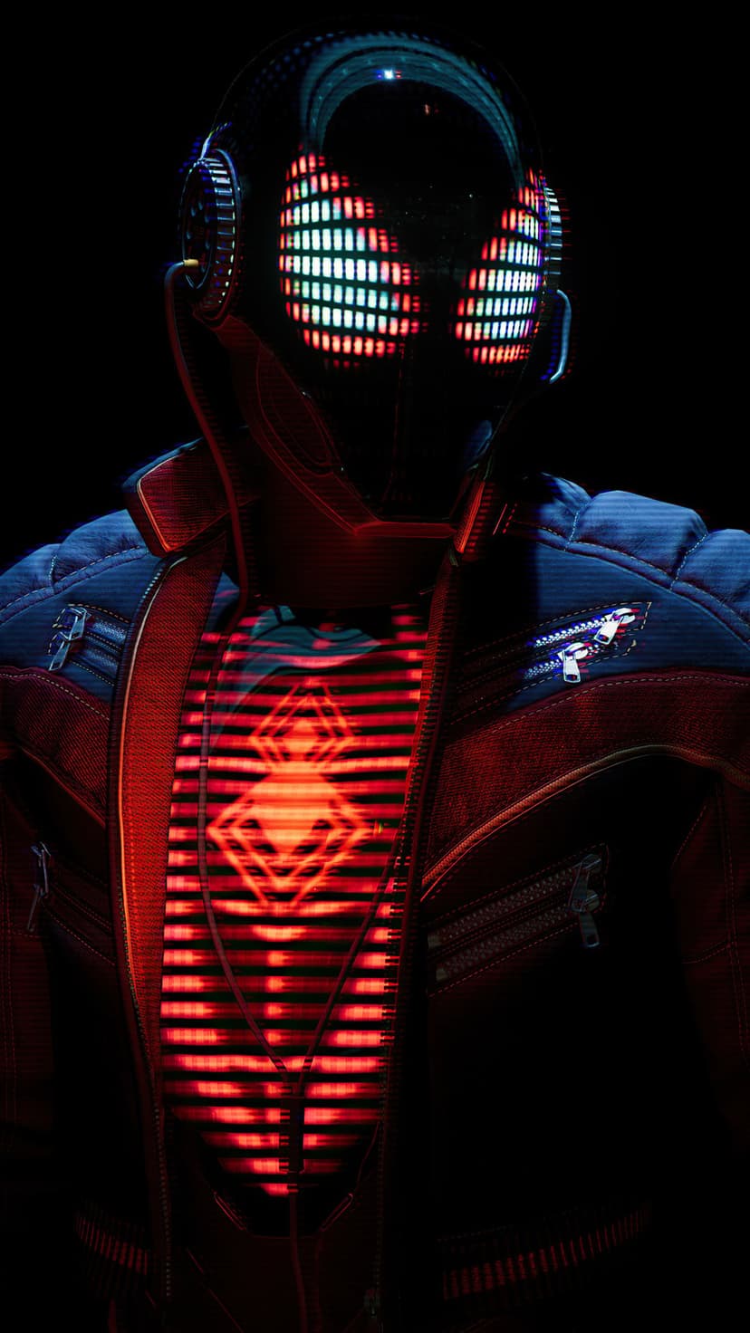 Miles Morales wears a glitch-effect mask with glowing red eyes and a tactical jacket against a black background.