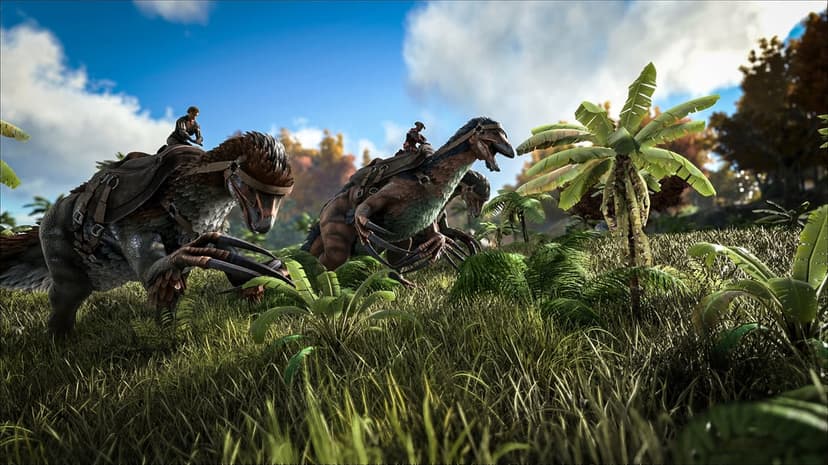 Three feathered Therizinosaurus dinosaurs with riders trekking through tall grass in a sunny jungle.