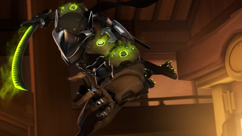 Genji Shimada mid-air with a glowing green sword and cybernetic armor inside a warm wooden dojo atmosphere.
