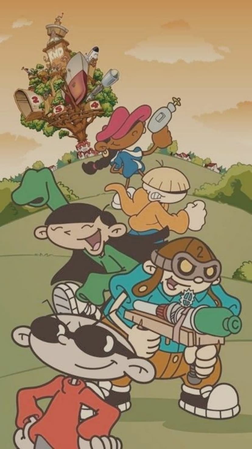 Numbuhs 1 through 5 stand with futuristic gadgets in front of a massive wooden treehouse under a bright sky.