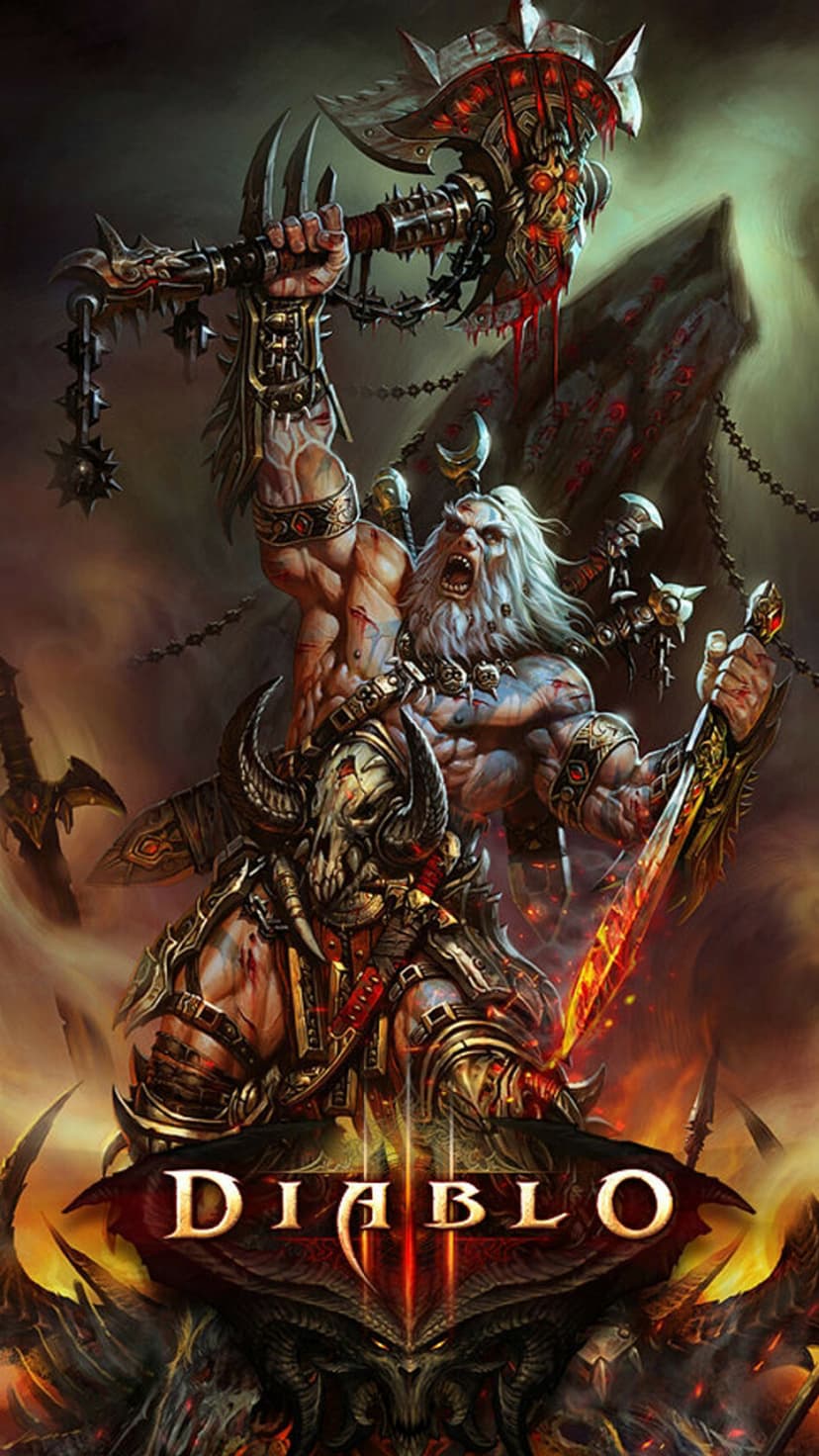 Barbarian warrior with white hair holding a bloody axe and glowing sword in a dark fiery battlefield.